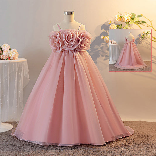 Pink Off-Shoulder Floral Organza Maxi Dress for Girls | A-Line Princess Party Gown
