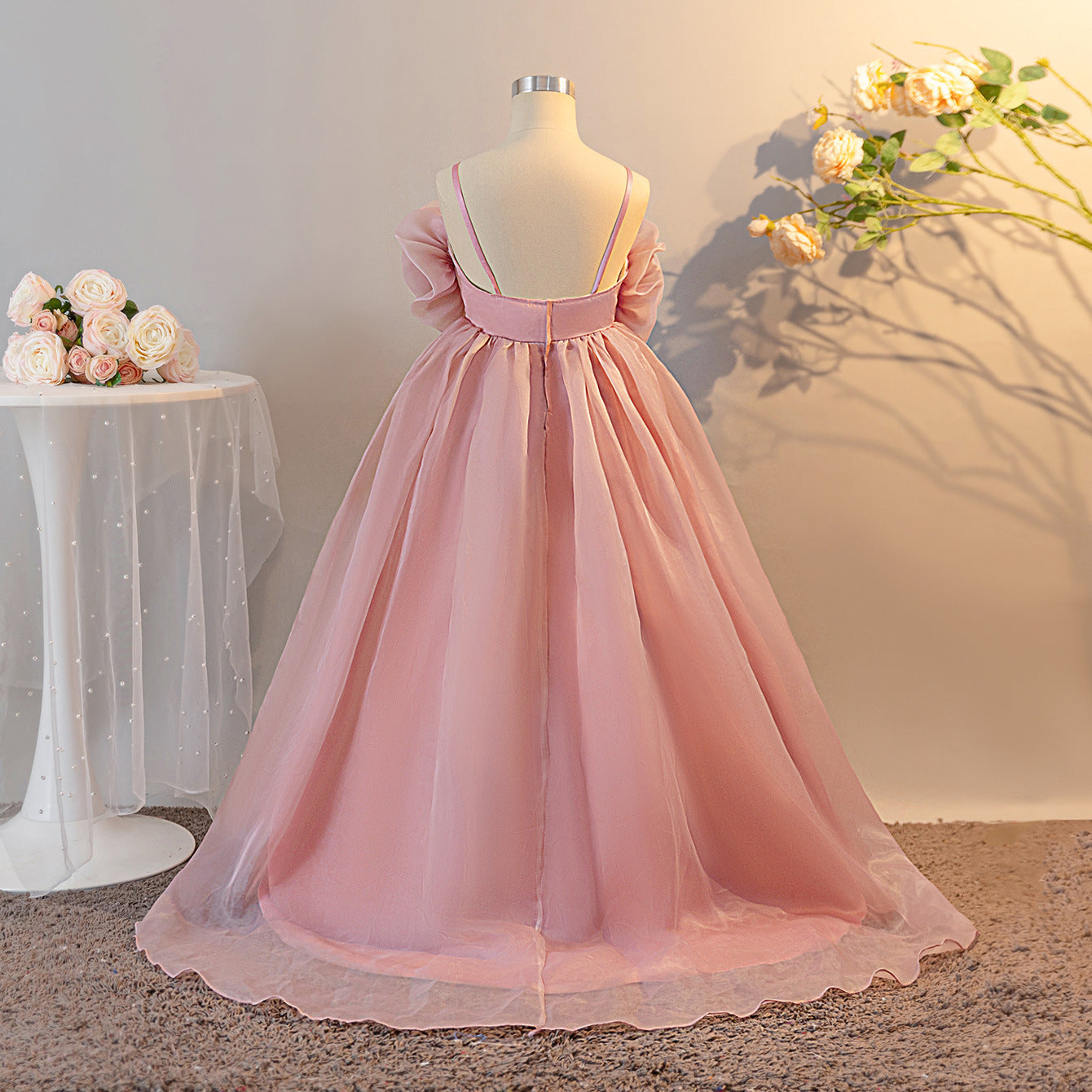 Pink Off-Shoulder Floral Organza Maxi Dress for Girls | A-Line Princess Party Gown