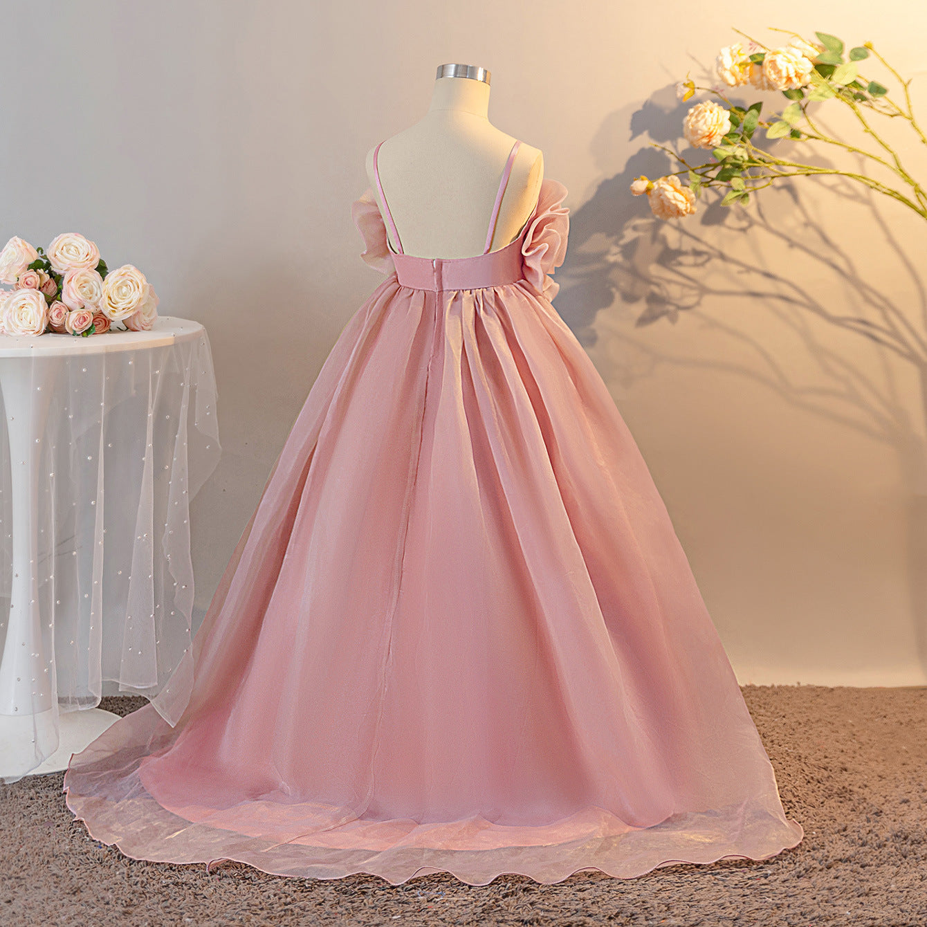 Pink Off-Shoulder Floral Organza Maxi Dress for Girls | A-Line Princess Party Gown