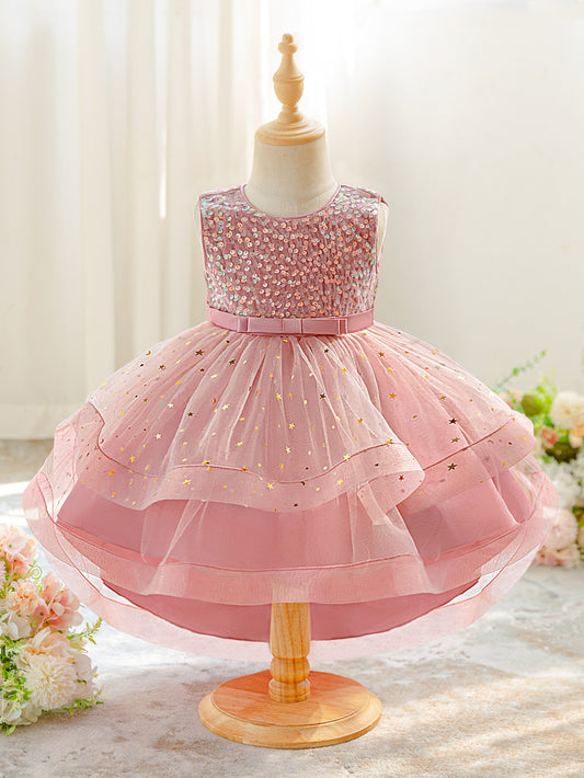 Pink Sequin Puffy Ball Gown Dress for Girls - High-Low Tulle Party Dress