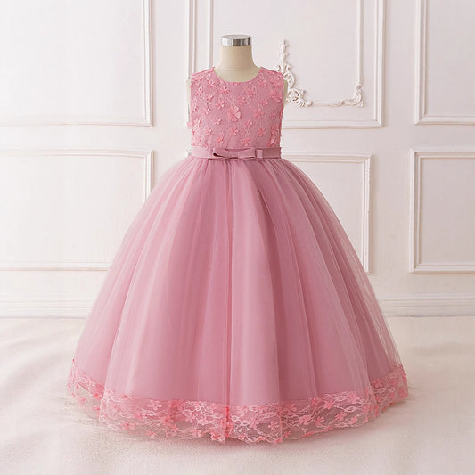Pink Lace Maxi Princess Dress for Girls – Flower Girl & Party Gown