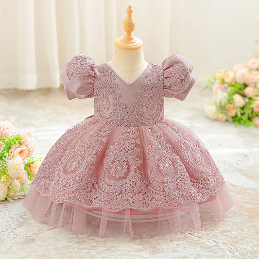 Pink Lace Ball Gown Princess Dress for Girls | Puff Sleeve Tea Length Toddler Party Dress