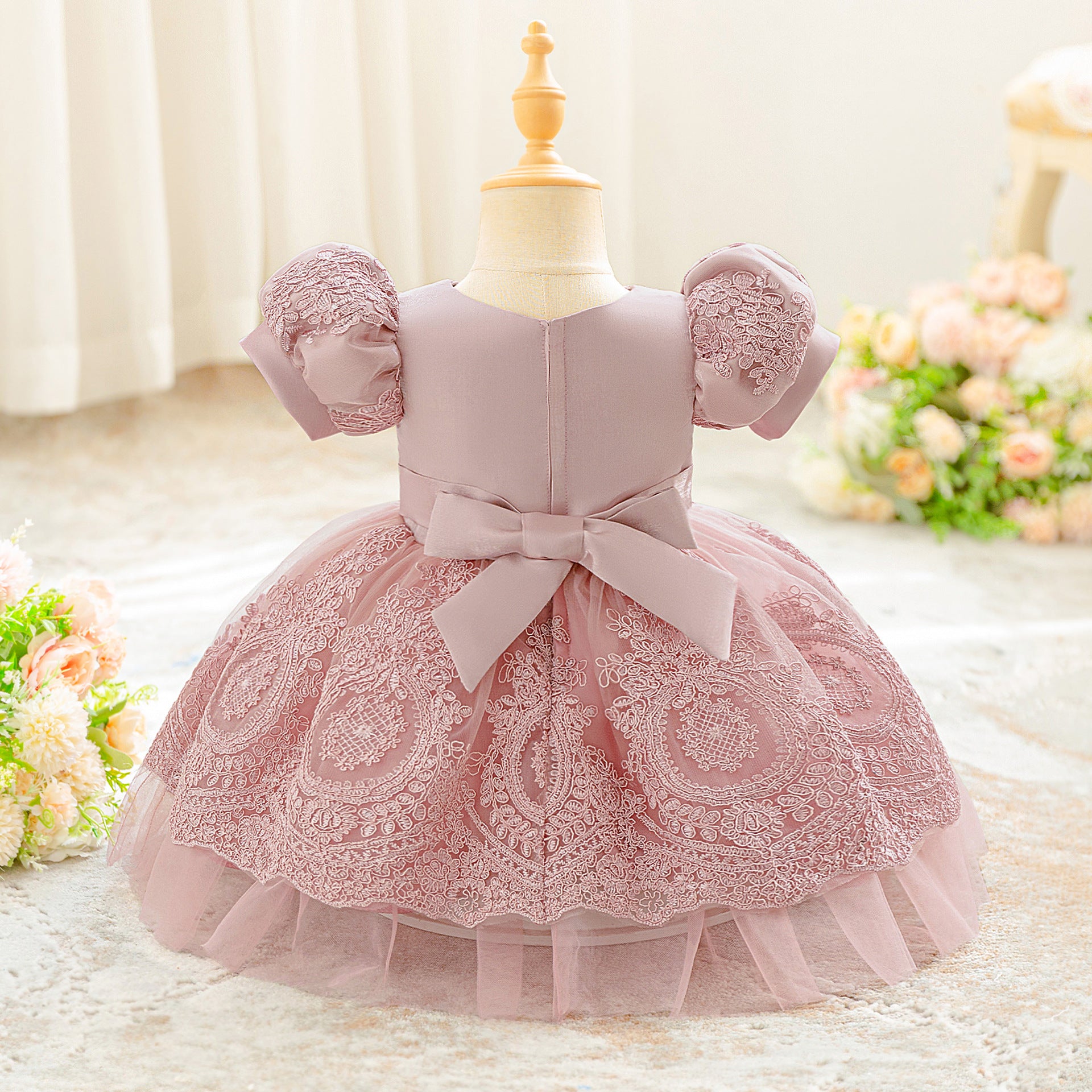 Pink Lace Ball Gown Princess Dress for Girls | Puff Sleeve Tea Length Toddler Party Dress