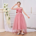Pink Off-Shoulder Maxi Tulle Dress with Bows & Appliqué for Girls