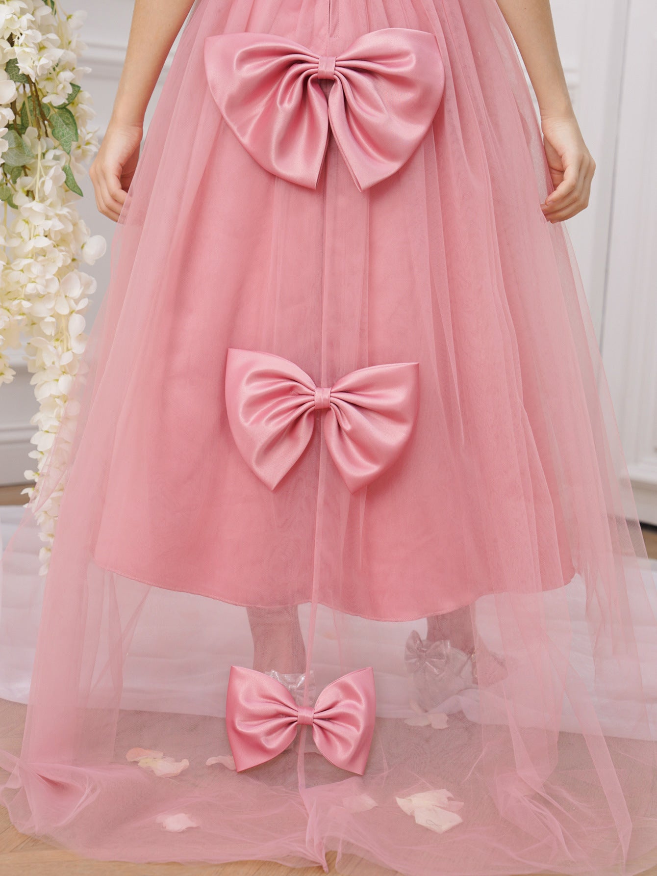 Cute Pink Tulle Off-Shoulder Maxi Dress for Girls | A-Line Princess Gown with Appliqué & Bows