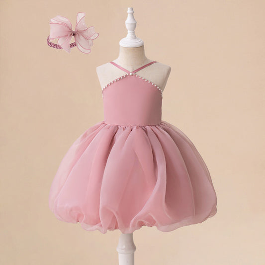 Pink Off-Shoulder Tulle Princess Dress for Girls (3-8 Years) – Sequins, Beads, Tea-Length