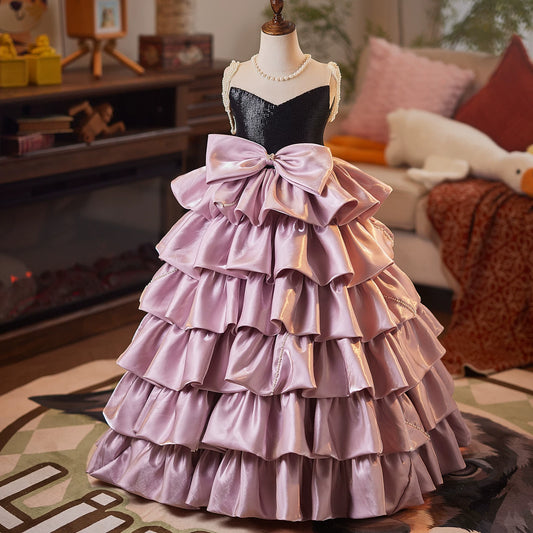 Pink Organza Maxi Dress for Girls – Sequins, Bow & Tiered Skirt | Cute Children's Formal Gown