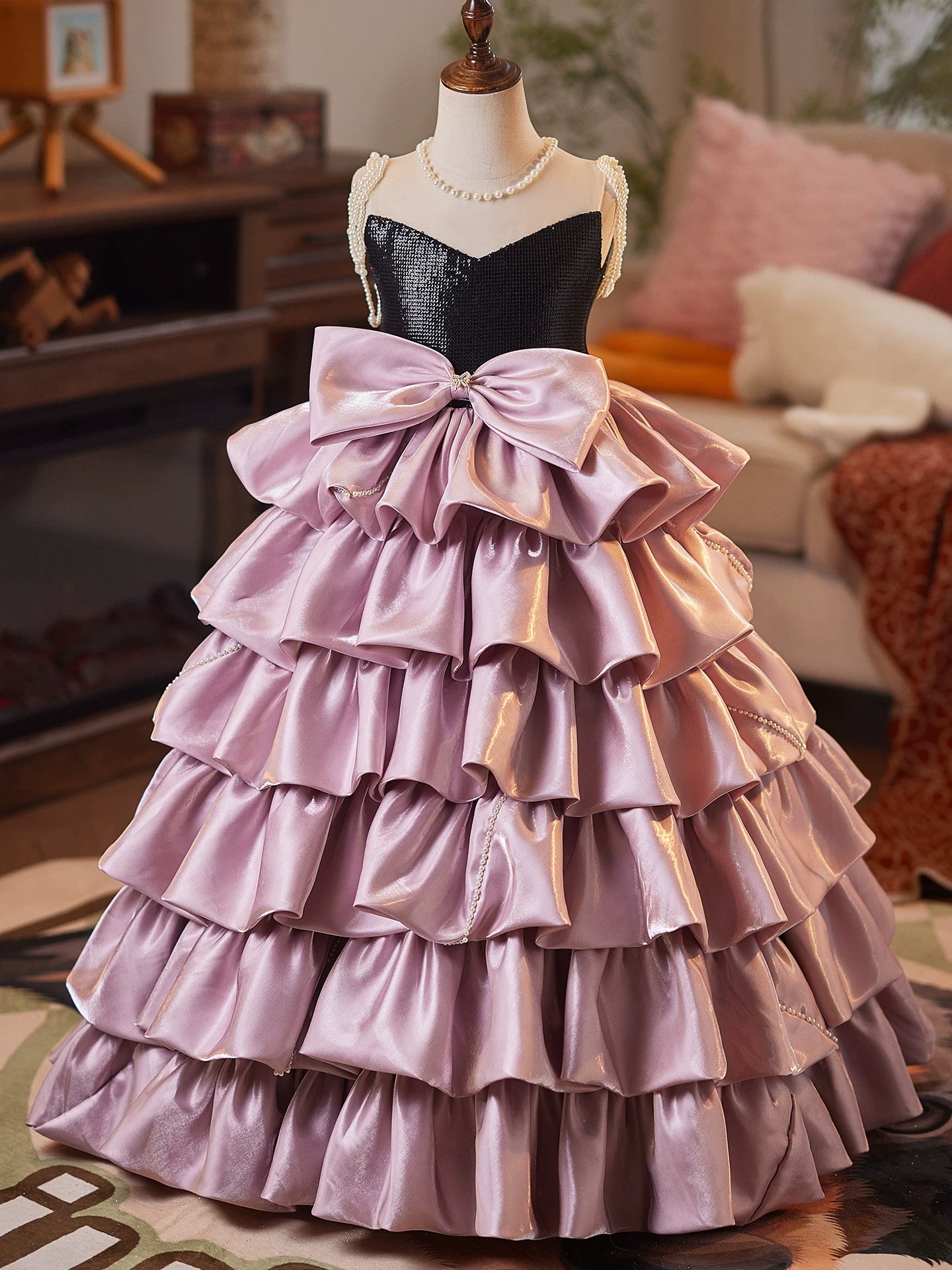 Pink Organza Maxi Dress for Girls – Sequins, Bow & Tiered Skirt | Cute Children's Formal Gown