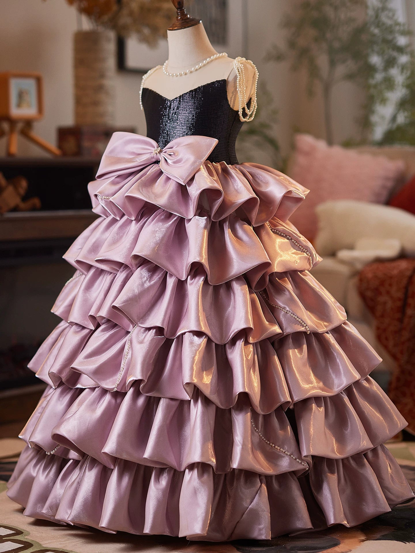 Pink Organza Maxi Dress for Girls – Sequins, Bow & Tiered Skirt | Cute Children's Formal Gown