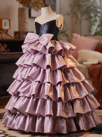 Pink Organza Maxi Dress for Girls – Sequins, Bow & Tiered Skirt | Cute Children's Formal Gown