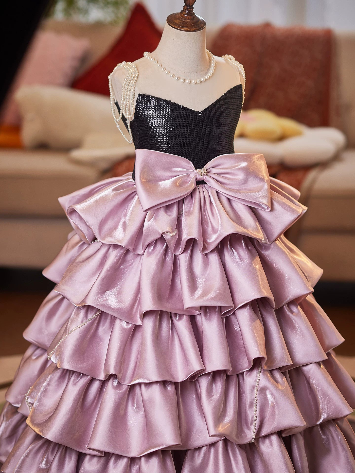 Pink Organza Maxi Dress for Girls – Sequins, Bow & Tiered Skirt | Cute Children's Formal Gown