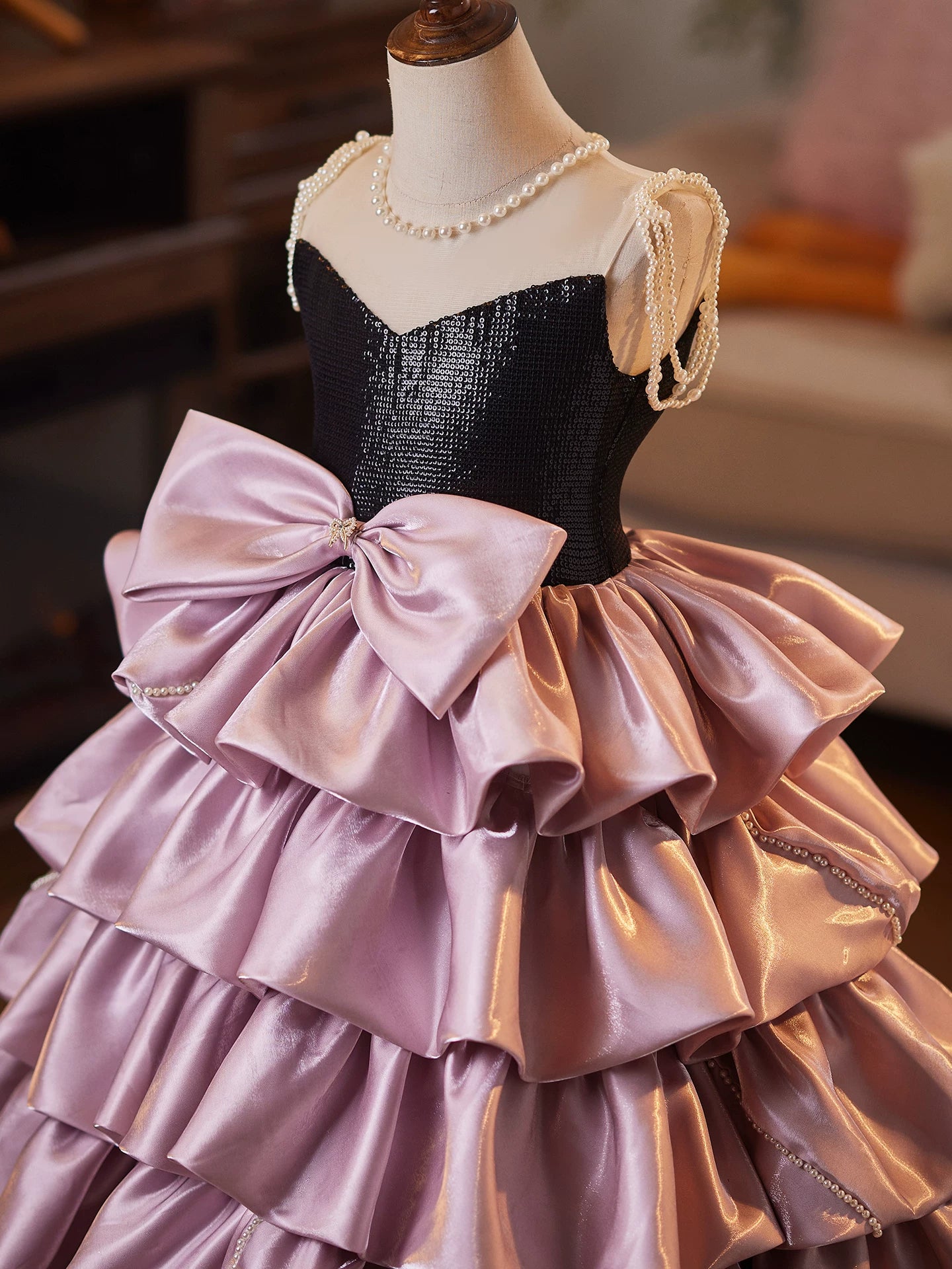 Pink Organza Maxi Dress for Girls – Sequins, Bow & Tiered Skirt | Cute Children's Formal Gown