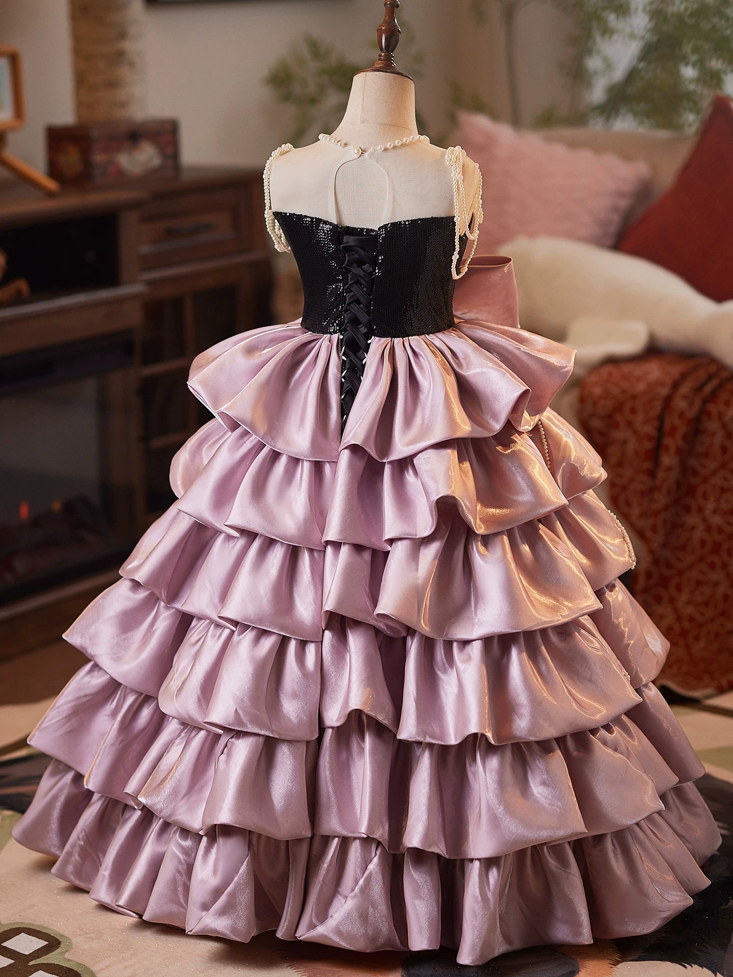 Pink Organza Maxi Dress for Girls – Sequins, Bow & Tiered Skirt | Cute Children's Formal Gown