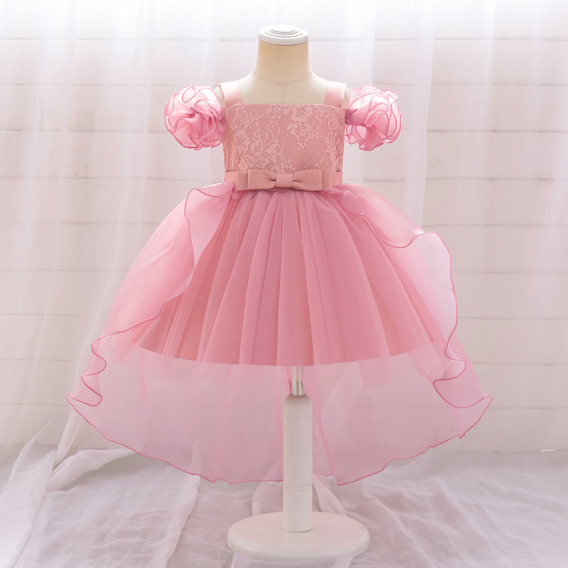 Cute Pink Puffy Off Shoulder High-Low Princess Dress for Girls | Ball Gown Kids Party Dress