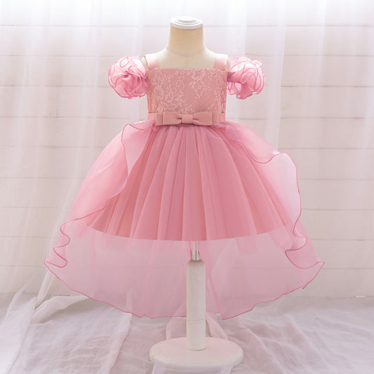 Cute Pink Puffy Off Shoulder High-Low Princess Dress for Girls | Ball Gown Kids Party Dress