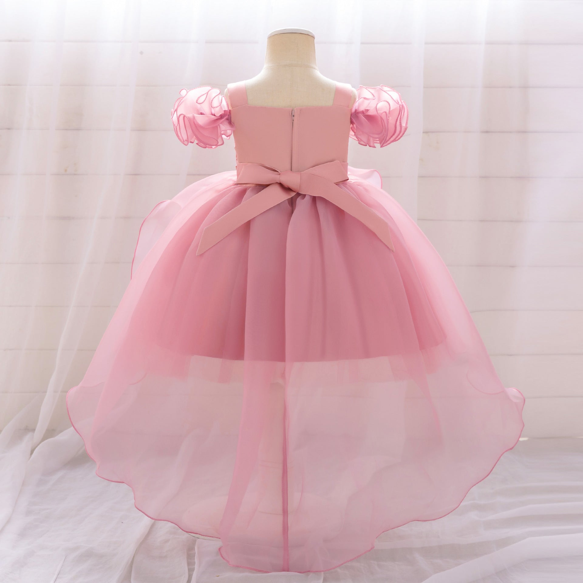 Cute Pink Puffy Off Shoulder High-Low Princess Dress for Girls | Ball Gown Kids Party Dress