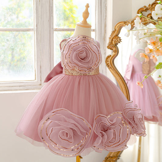 Pink Puffy Off Shoulder Sequined Flower Girl Dress – Cute Princess Party Gown for Kids