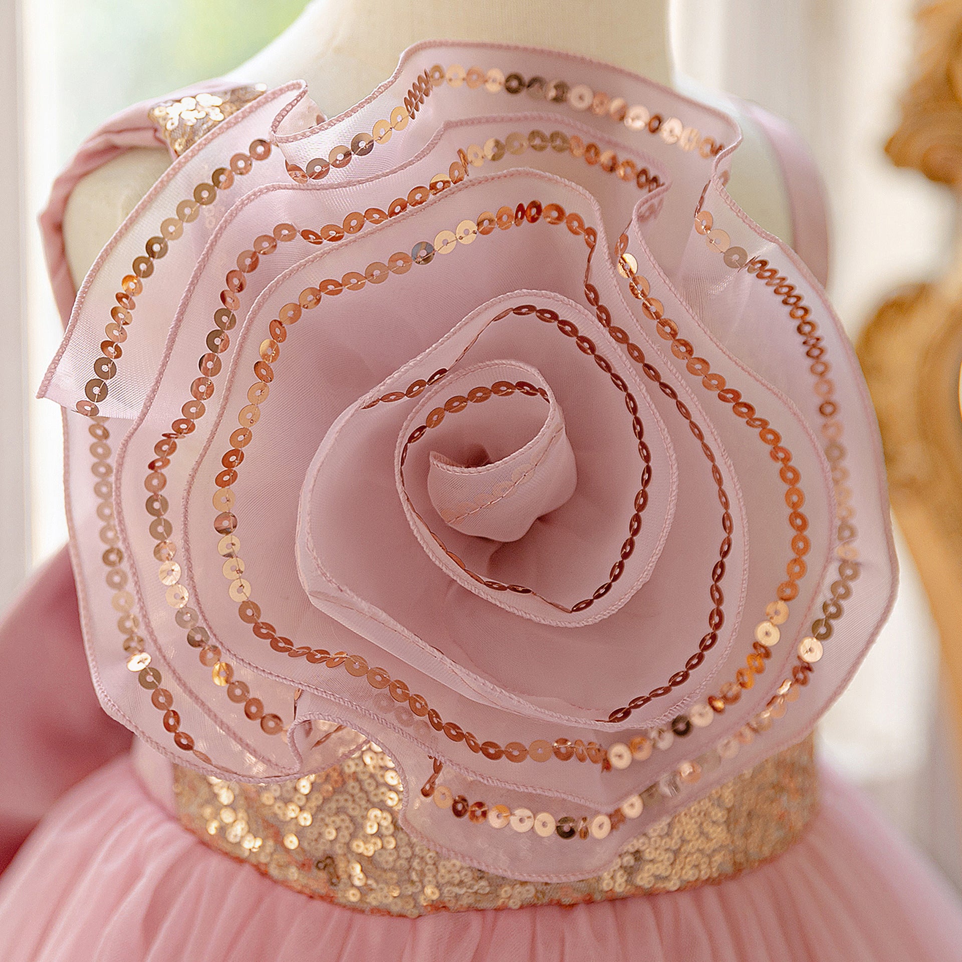 Pink Puffy Off Shoulder Sequined Flower Girl Dress – Cute Princess Party Gown for Kids