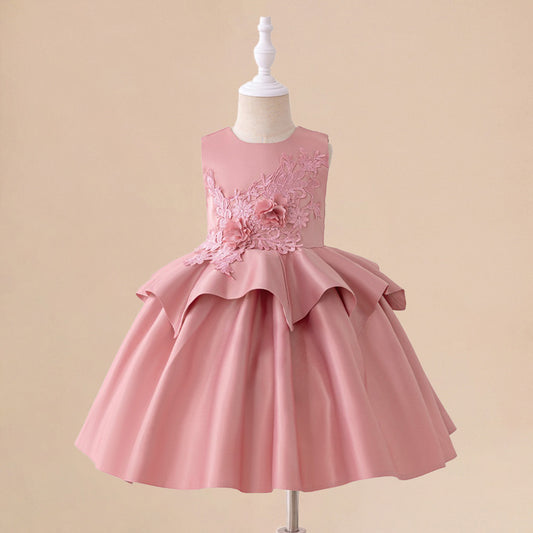 Pink A-Line Princess Dress for Toddlers | Satin Lace Embroidery Flower Girl Outfit