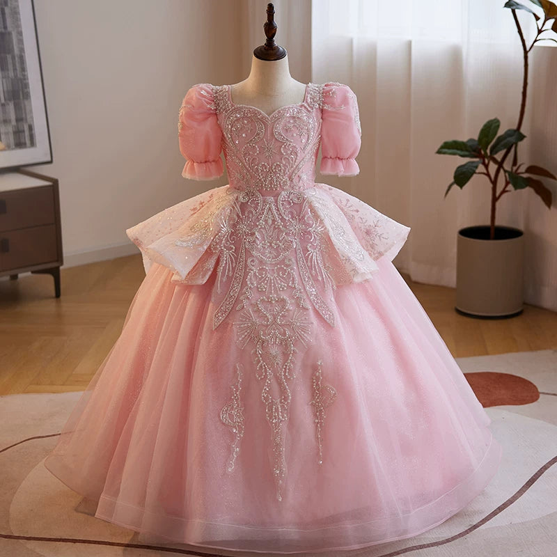 Pink Sequin A-Line Maxi Dress for Girls – Princess Party & Formal Gown