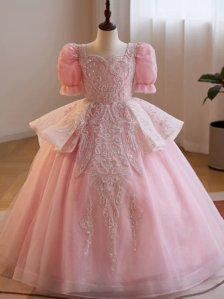 Pink Sequin A-Line Maxi Dress for Girls – Princess Party & Formal Gown
