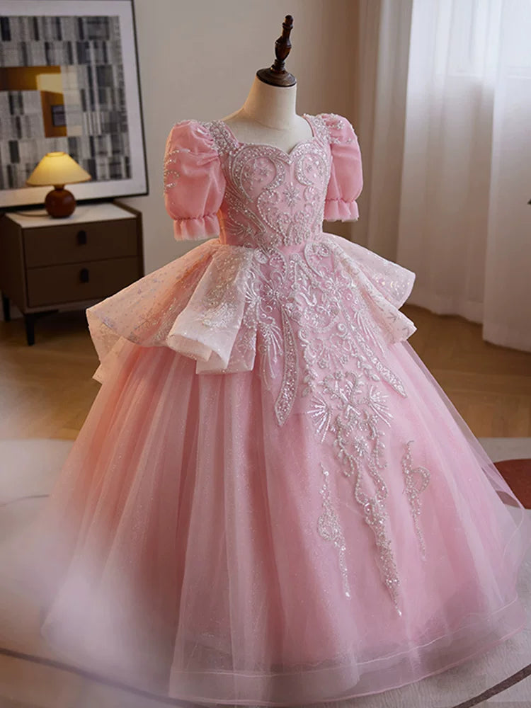 Pink Sequin A-Line Maxi Dress for Girls – Princess Party & Formal Gown
