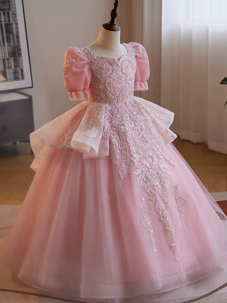 Pink Sequin A-Line Maxi Dress for Girls – Princess Party & Formal Gown