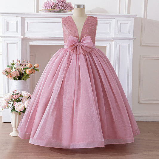 Pink Sequin Bow Princess Dress Maxi – Flower Girl & Party A-Line Gown for Kids