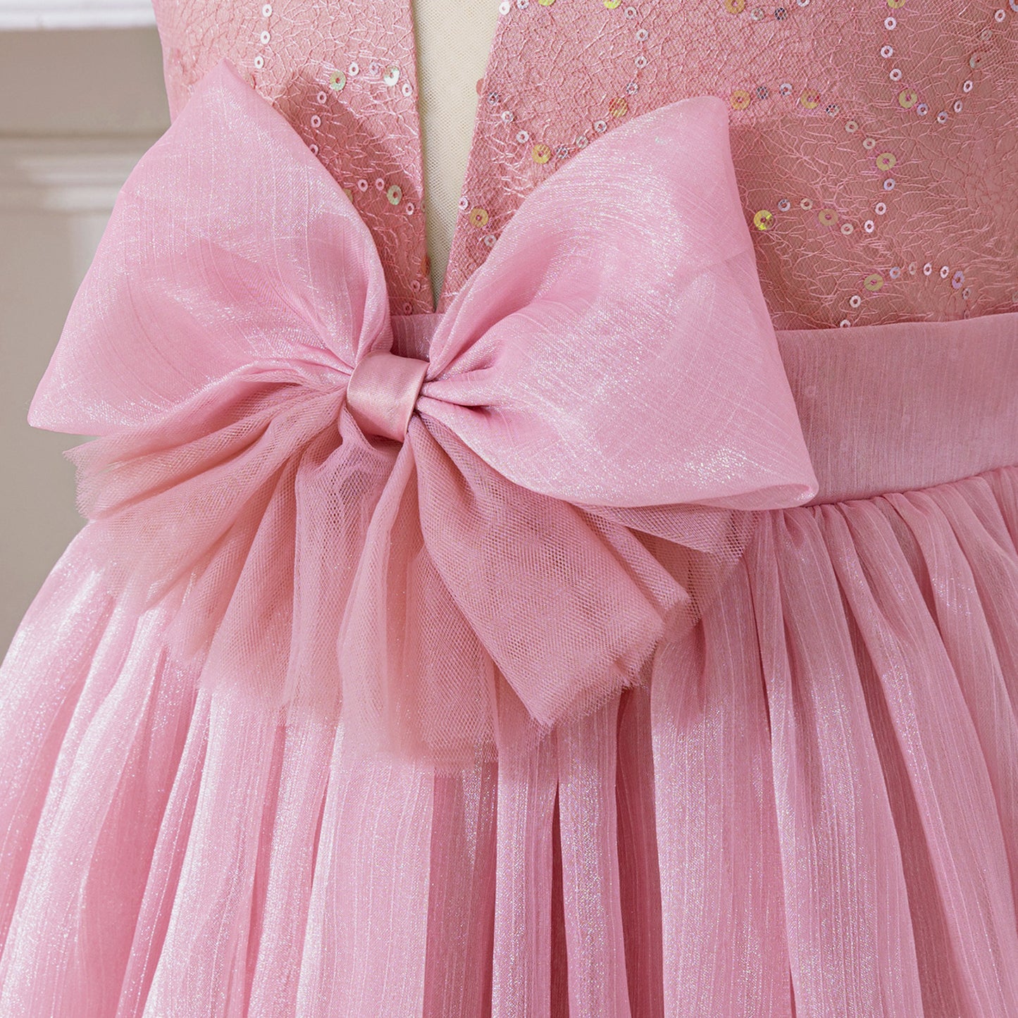 Pink Sequin Bow Princess Dress Maxi – Flower Girl & Party A-Line Gown for Kids