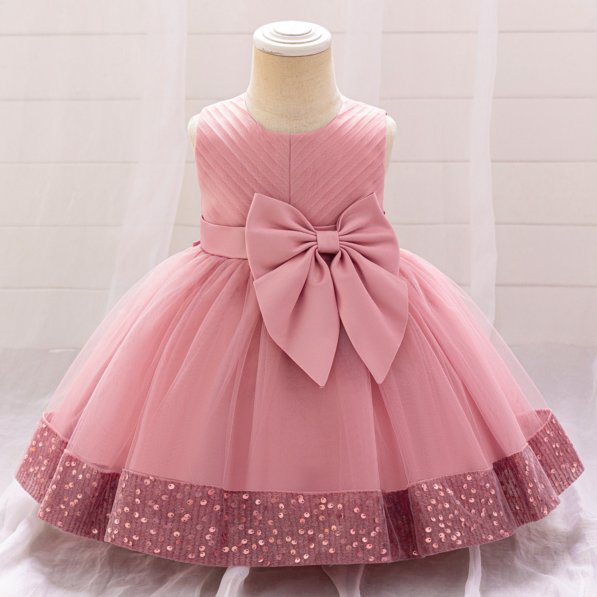 Pink Puffy Tulle Party Dress with Sequins & Bow for Girls (9M-4Y)