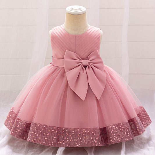 Pink Puffy Tulle Party Dress with Sequins & Bow for Girls (9M-4Y)