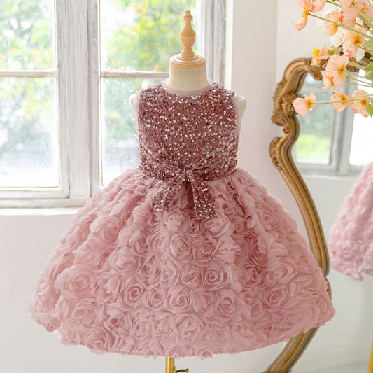 Pink Puffy Sequin Princess Dress for Girls | Ball Gown Flower Girl Dress
