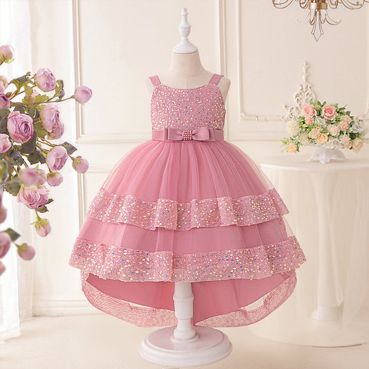 Girls Pink Puffy Off Shoulder Sequin Party Dress | High-Low Princess Gown (Ages 3-10)