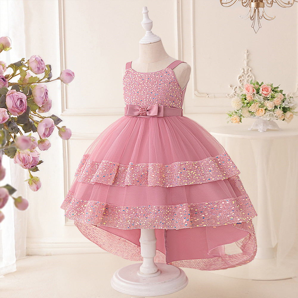 Girls Pink Puffy Off Shoulder Sequin Party Dress | High-Low Princess Gown (Ages 3-10)