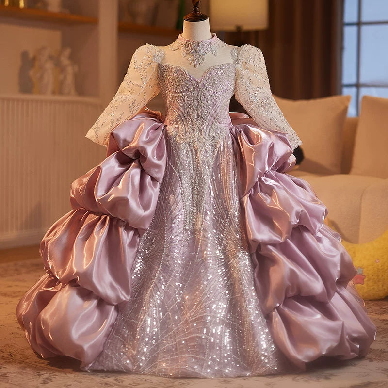 Pink Sequin Tiered Dress for Girls | Maxi Princess Flower Girl Gown