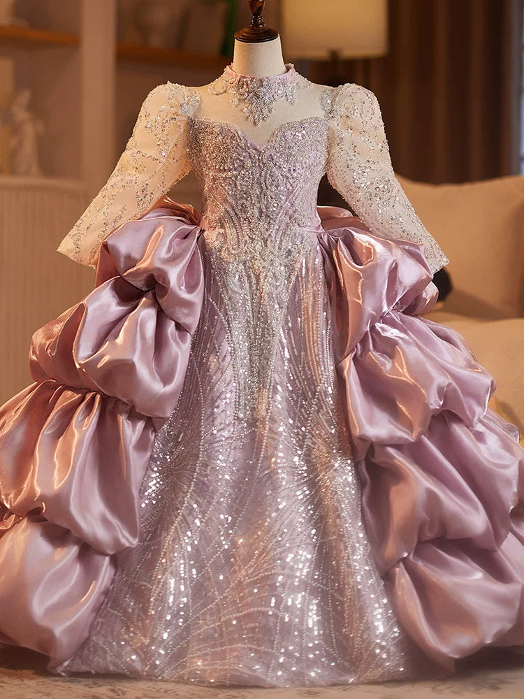 Pink Sequin Tiered Dress for Girls | Maxi Princess Flower Girl Gown
