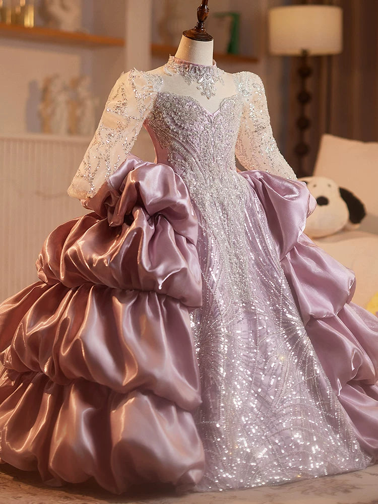 Pink Sequin Tiered Dress for Girls | Maxi Princess Flower Girl Gown
