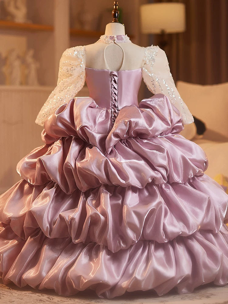 Pink Sequin Tiered Dress for Girls | Maxi Princess Flower Girl Gown