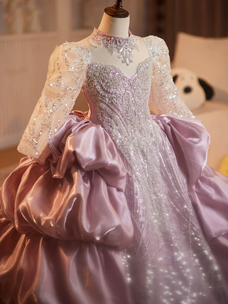 Pink Sequin Tiered Dress for Girls | Maxi Princess Flower Girl Gown