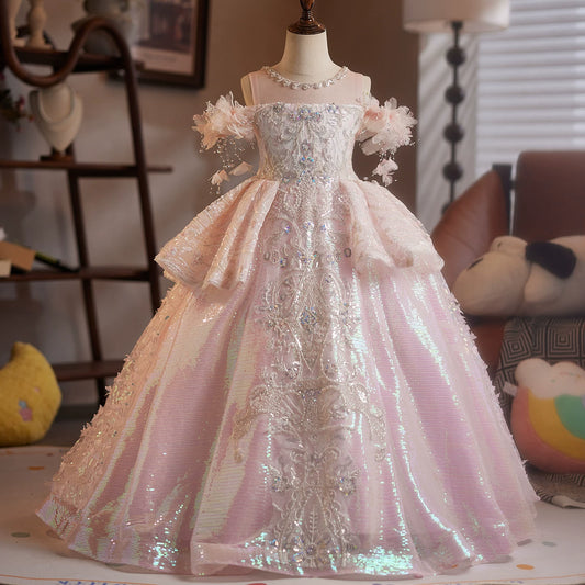 Pink Sequin Maxi Flower Girl Dress for Kids - Cute & Playful Formal Gown