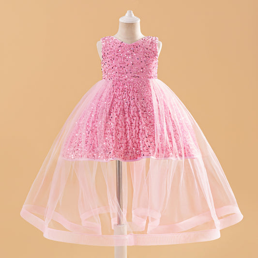 Pink Sequin Tulle Flower Girl Dress for Kids – A-Line V-Neck Party Gown