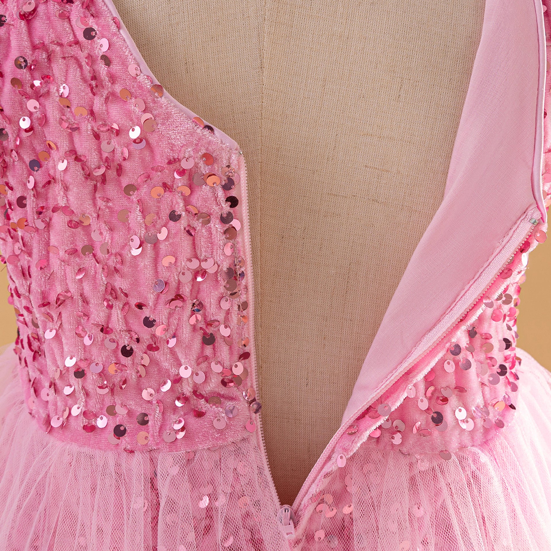 Pink Sequin Tulle Flower Girl Dress for Kids – A-Line V-Neck Party Gown
