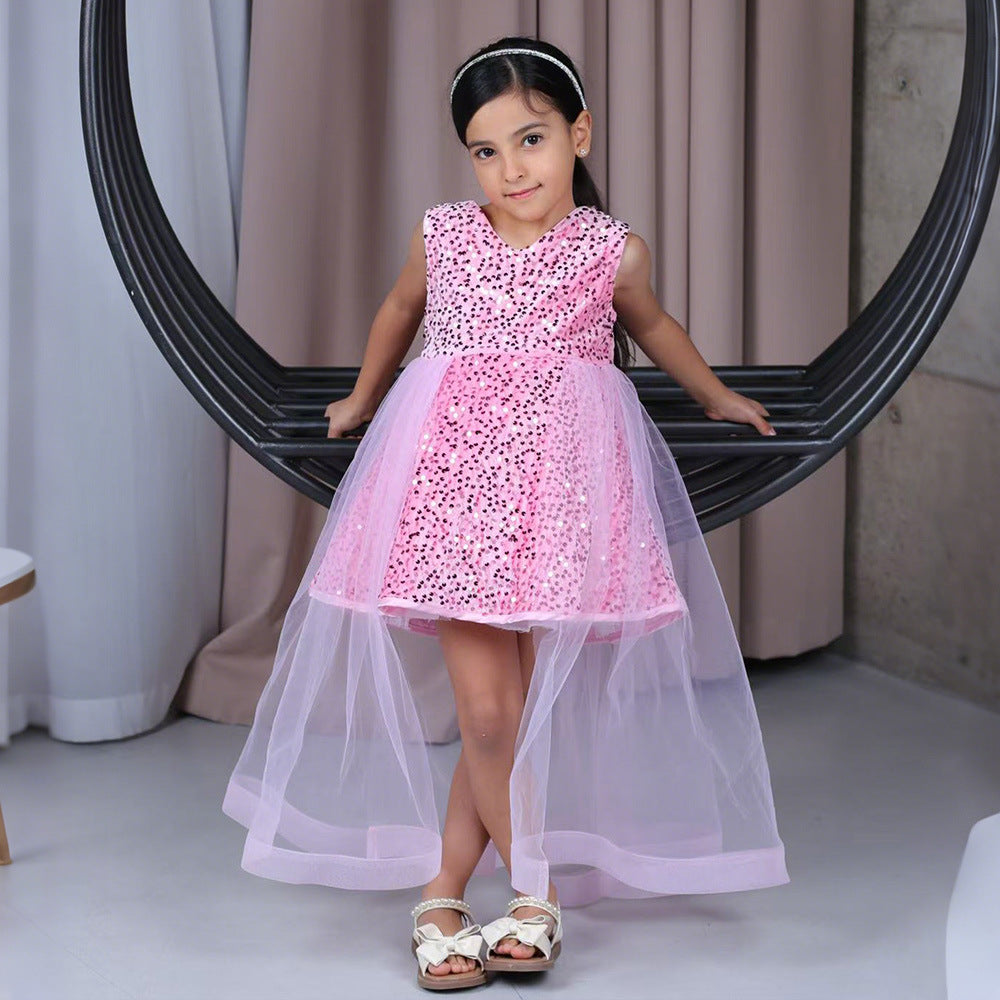 Pink Sequin Tulle Flower Girl Dress for Kids – A-Line V-Neck Party Gown