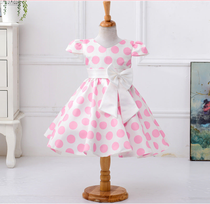 Cute Polka Dot Satin A-Line Tea Length Girl's Party Dress with Bowknot