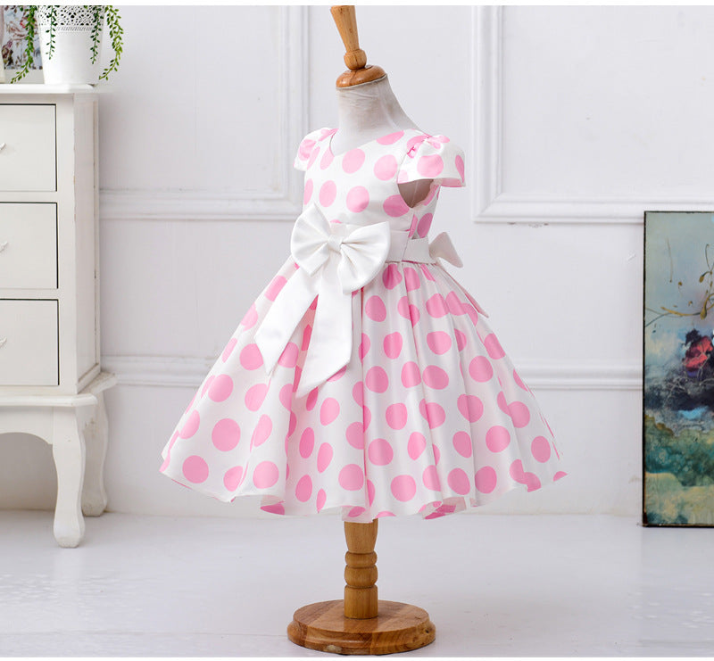 Cute Polka Dot Satin A-Line Tea Length Girl's Party Dress with Bowknot