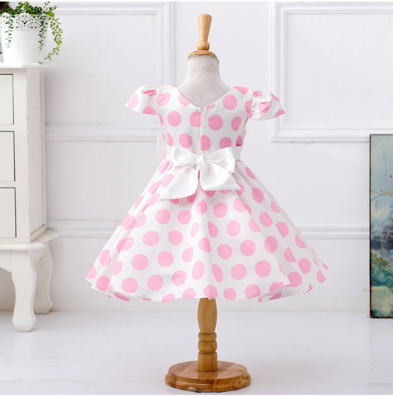 Cute Polka Dot Satin A-Line Tea Length Girl's Party Dress with Bowknot