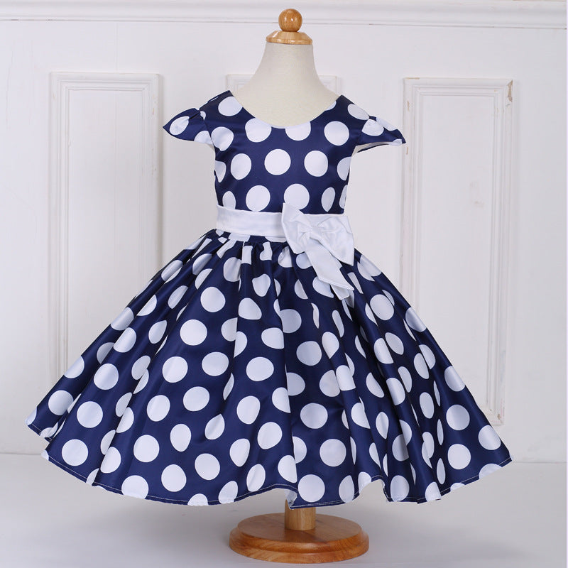 Cute Polka Dot Satin A-Line Tea Length Girl's Party Dress with Bowknot