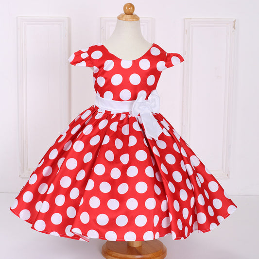 Cute Polka Dot Satin A-Line Tea Length Girl's Party Dress with Bowknot
