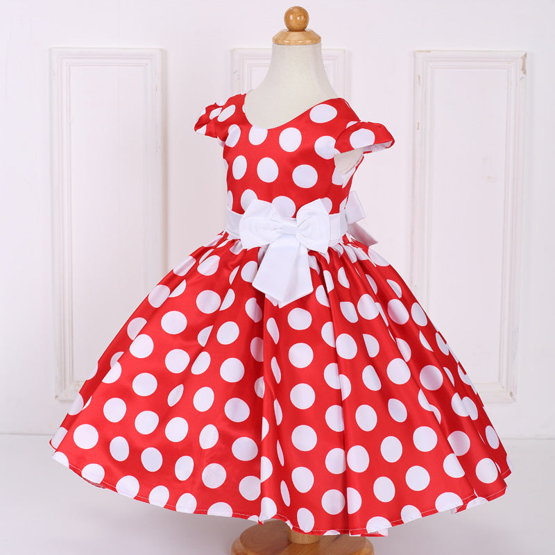 Cute Polka Dot Satin A-Line Tea Length Girl's Party Dress with Bowknot