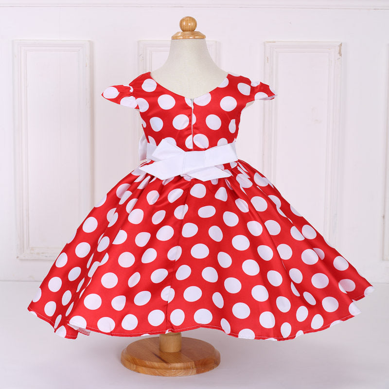 Cute Polka Dot Satin A-Line Tea Length Girl's Party Dress with Bowknot